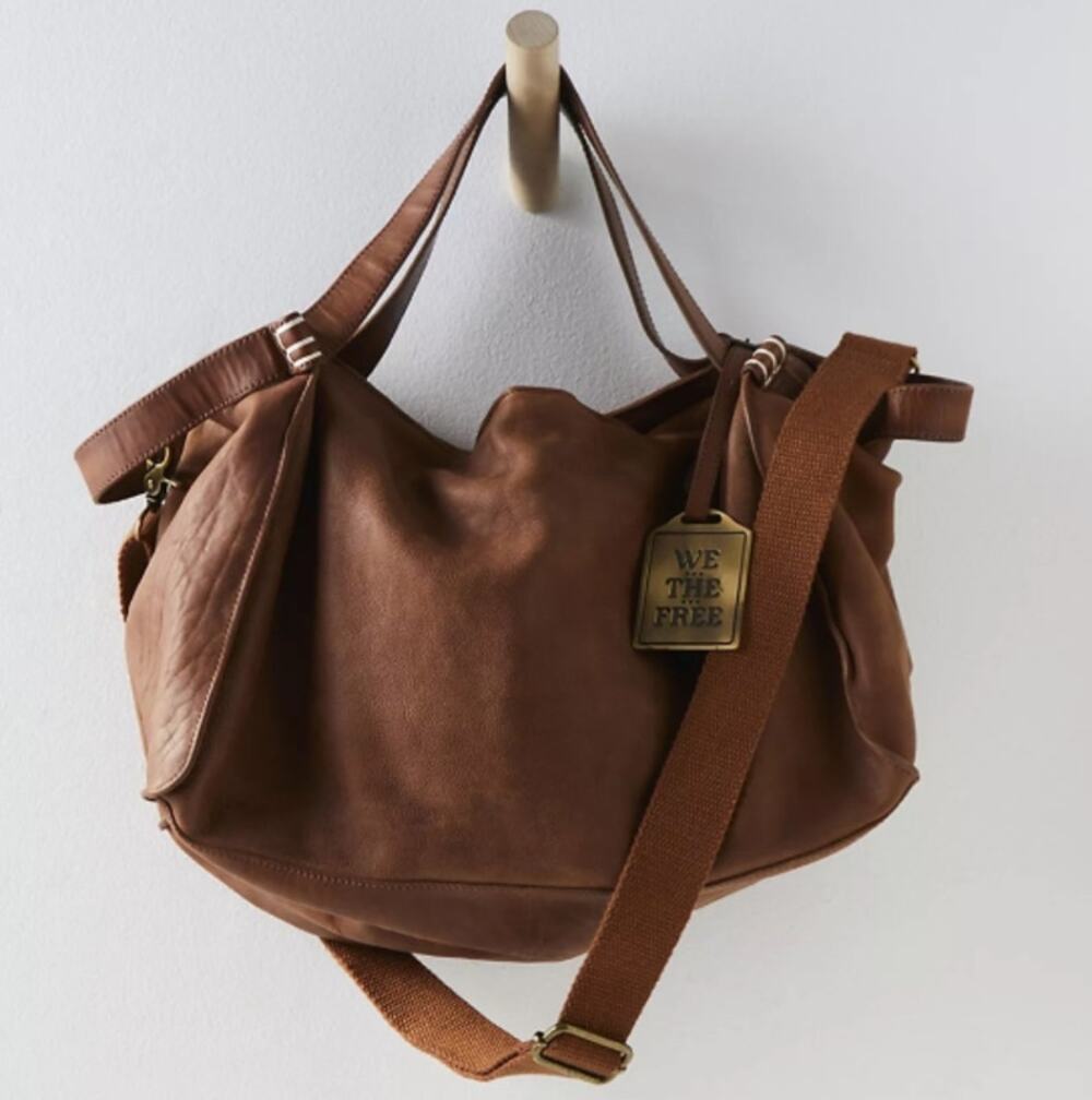 FREE PEOPLE Leather Harding Slouchy Tote Duffle Bag Cognac Brown $298